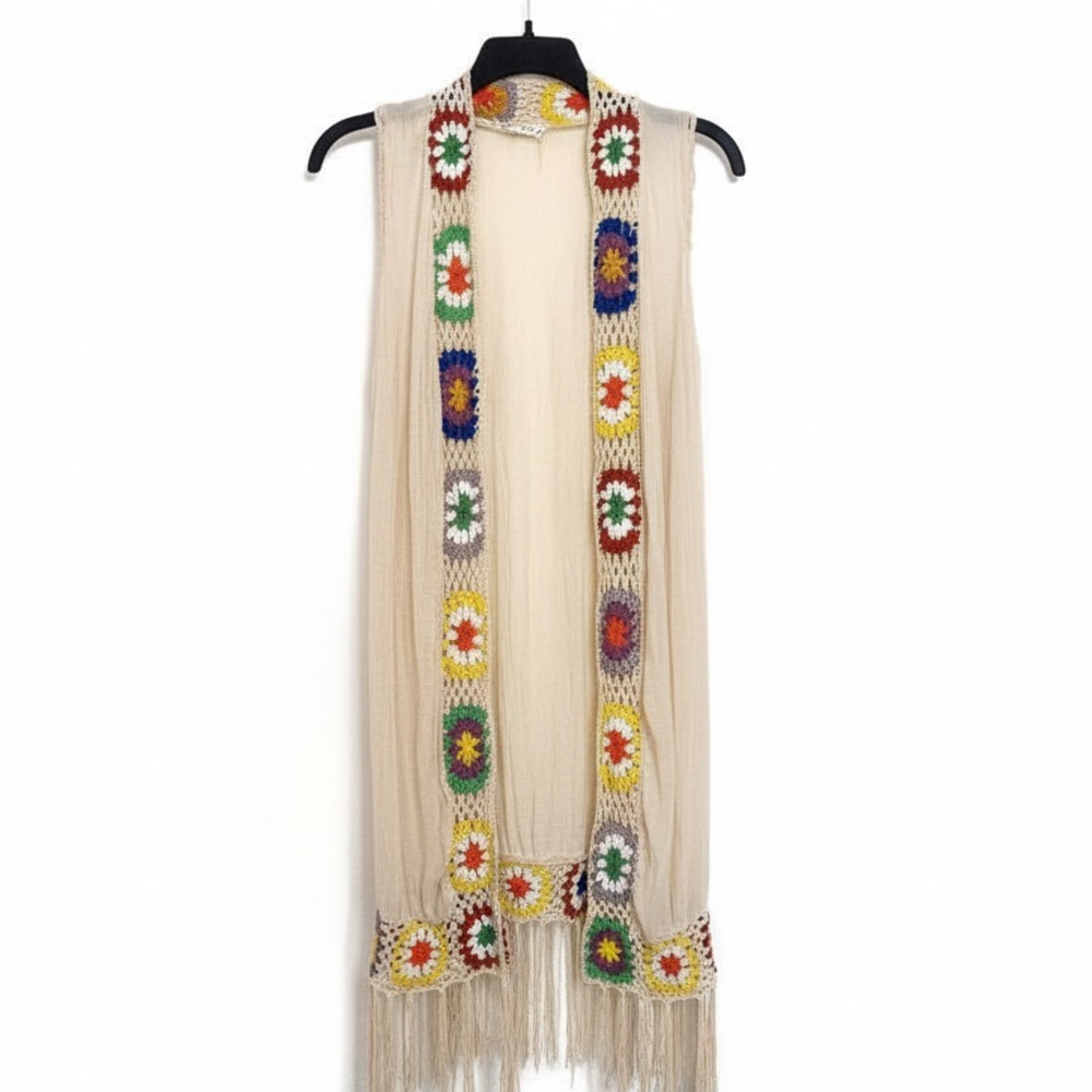 Bohemian Crochet Fringe Fairy Festival  Vest Dress Multicolor Granny Square
